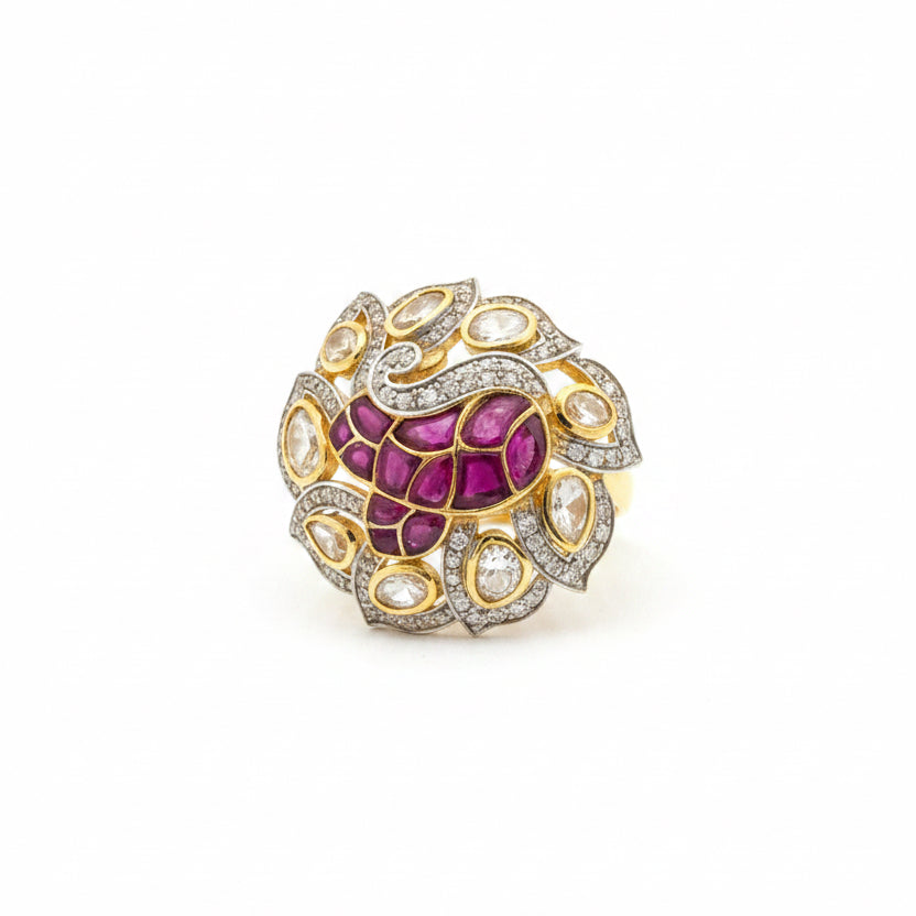 Royal Crimson Lattice & Dual-Tone Polki Floral Cocktail Ring