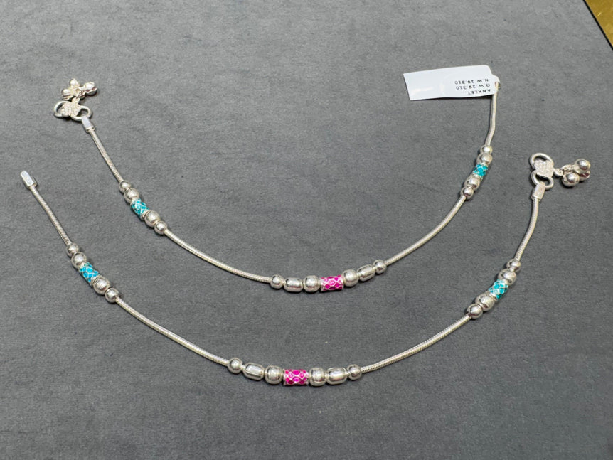 Vibrant Meenakari Multi-Color Bead Silver Anklet Pair