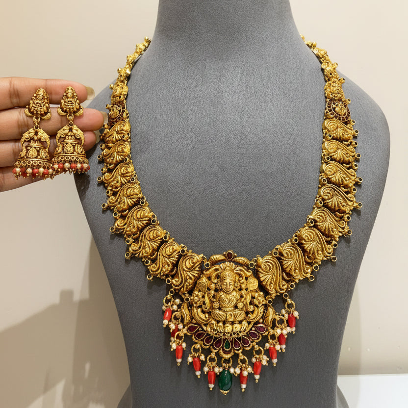 Sacred Goddess Laxmi Medallion Long Gold Look Set