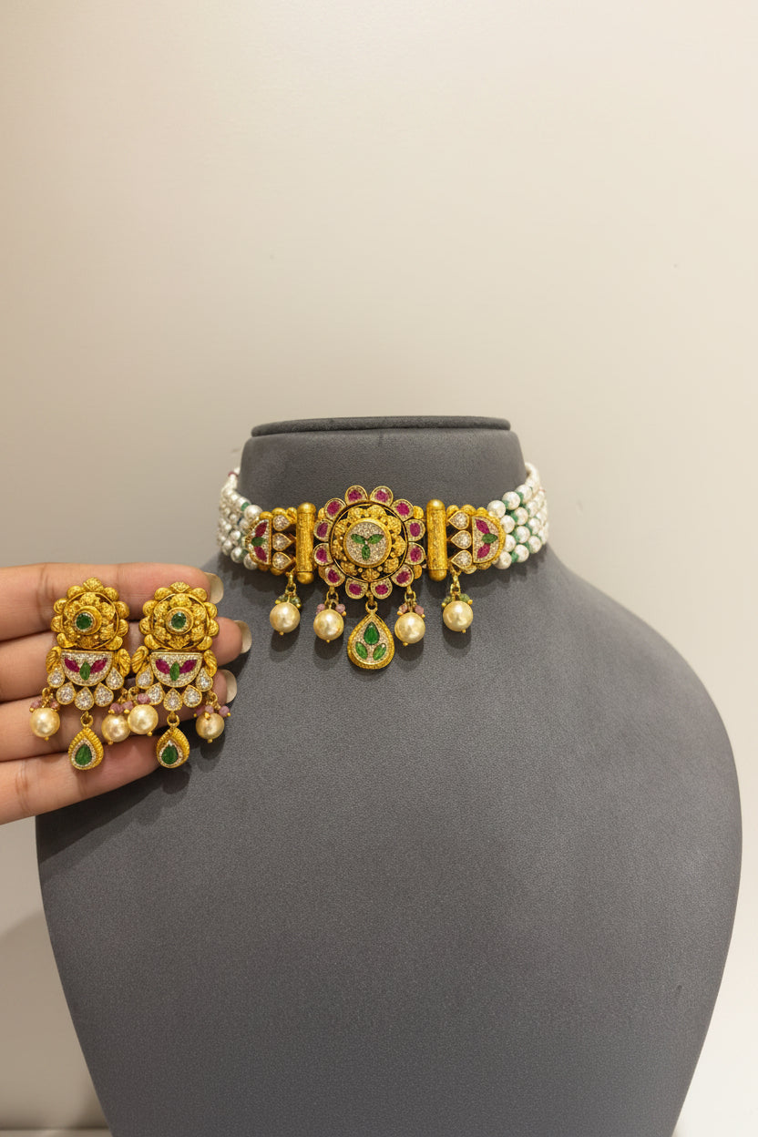 Royal Floral Nakshi Centerpiece Multi-Strand Pearl Gold Look Choker