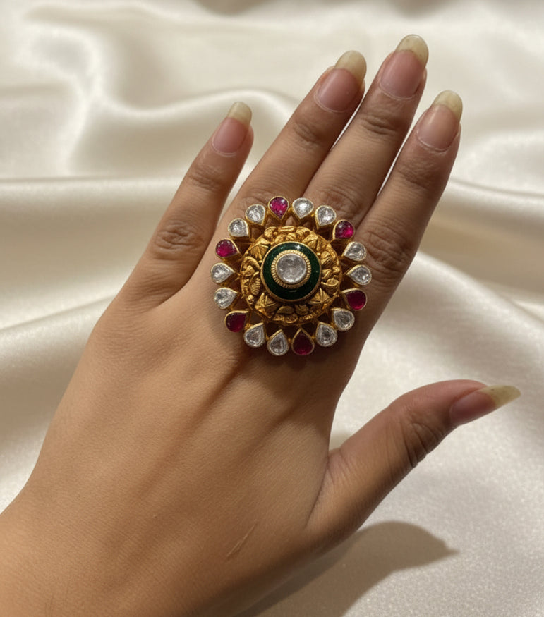 Green Enamel & Ruby Cabochon Moissanite Polki Statement Ring