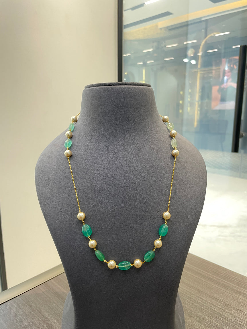 925 Silver Green & White Beads Mala