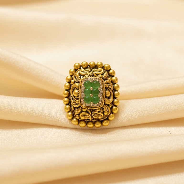Nakshi Border Emerald Green Gold Look Statement Ring