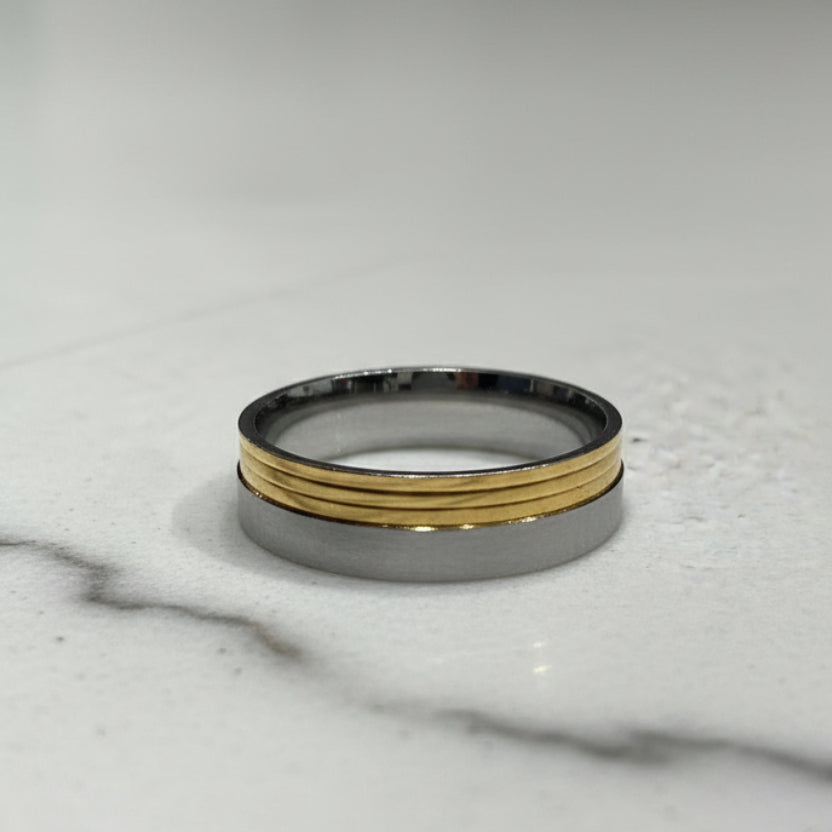 Tri-Tone Matte Sandblast & Ribbed Inlay Men's Band Ring
