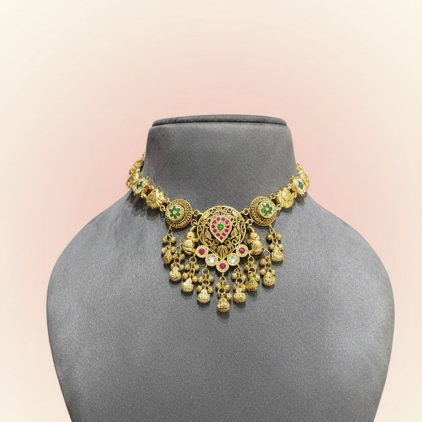 Antique Gold Nakshi Circular Medallion & Ghungroo Set