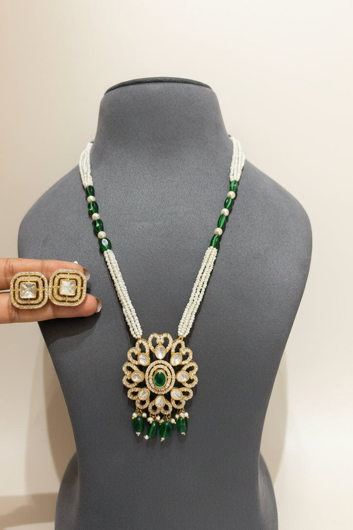 Maharani Emerald Halo Multi-Strand Pearl Pendant Set