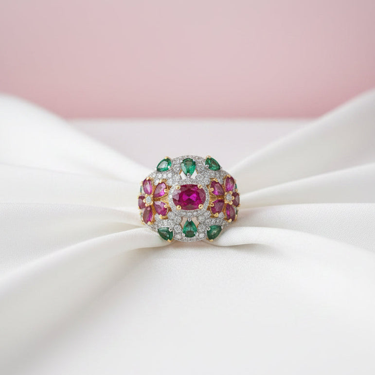 Pink & Emerald Green Cluster Dome Moissanitr Diamond Ring