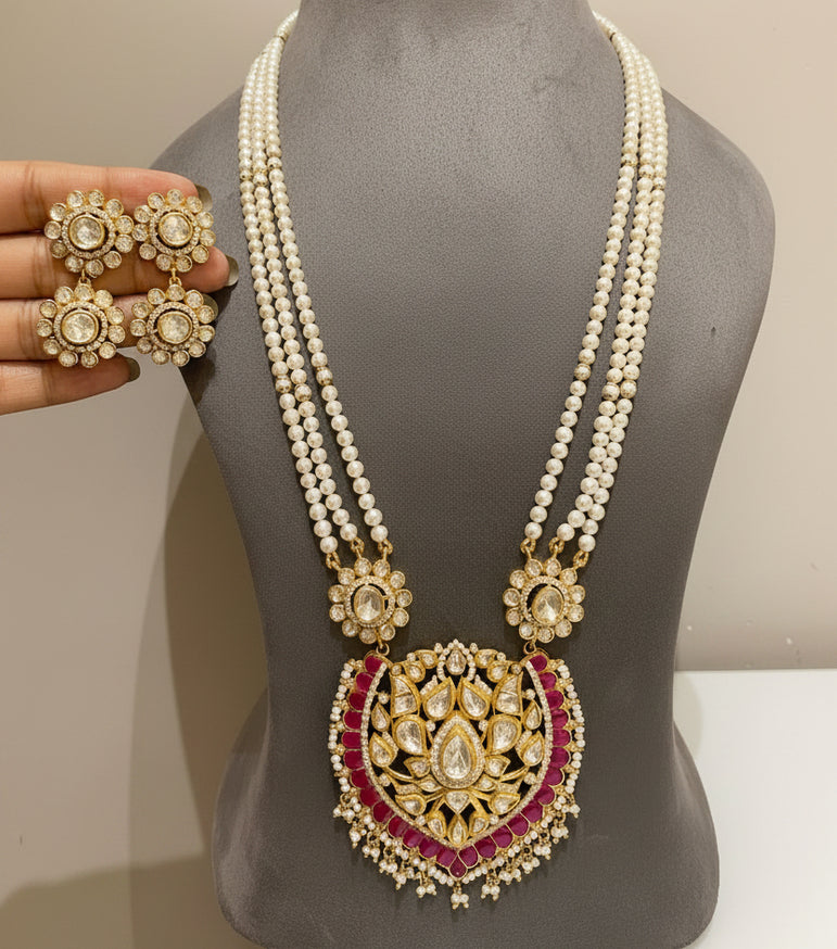 Three-Strand Pearl with Moissanite Polki Set