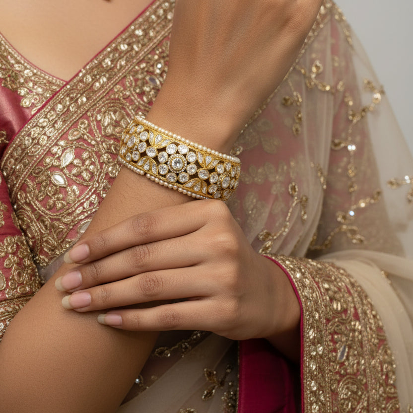 Broadband Floral Polki With White Pearls Bangle