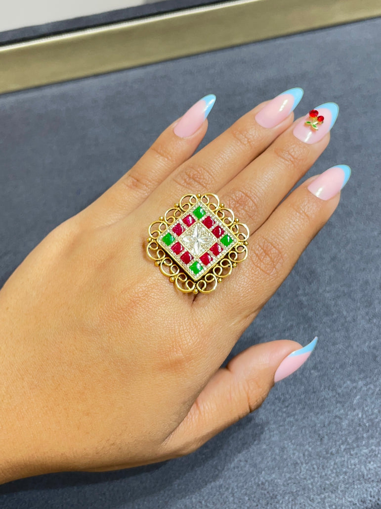 925 Silver Geometric Real Gold Look Ring