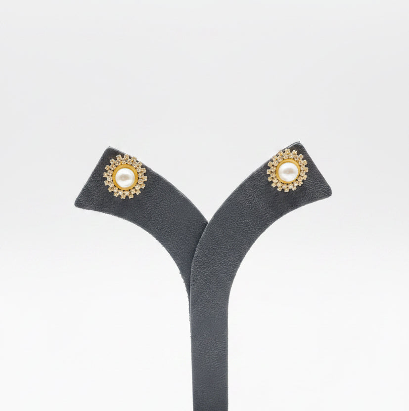Pearl Cabochon Solitaire Halo Stud Diamond Look Earrings