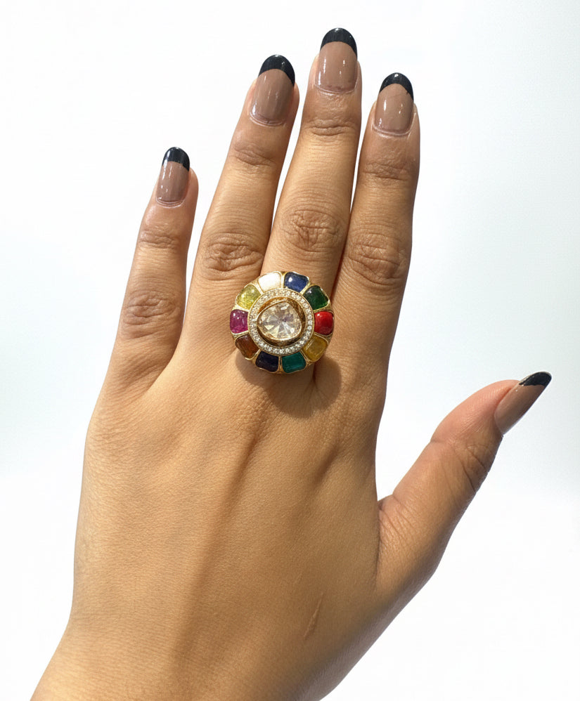 Navratna Gemstone & Moissanite Polki Statement Ring