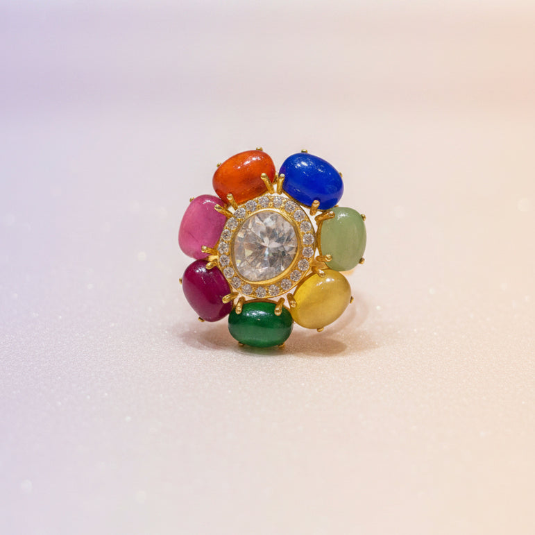 Navratna-Inspired Multi-Gemstone Moissanite Polki Ring