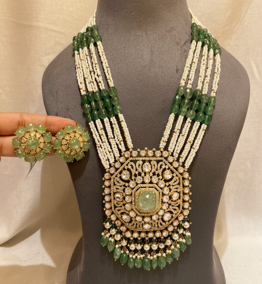 Emerald Quartz, Moissanite Polki & Micro-Pearl Statement Long Set