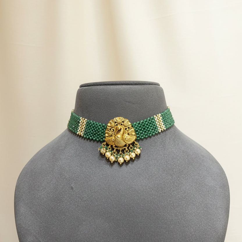 Multi-Strand Emerald Bead Gold Look Choker