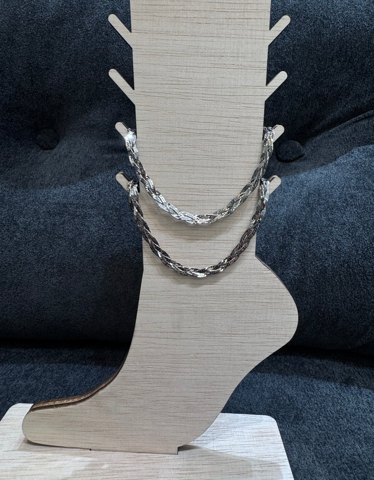 Braided Texturised Silver Anklet Pair