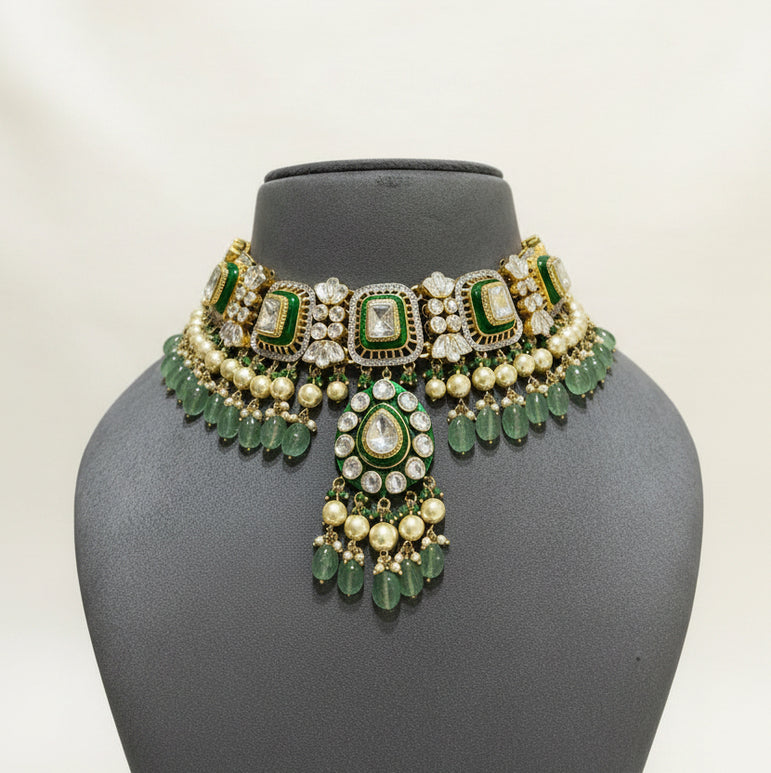 Emerald Green Meenakari & Moissanite Polki Set