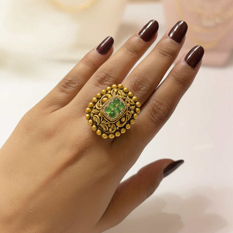 Nakshi Border Emerald Green Gold Look Statement Ring