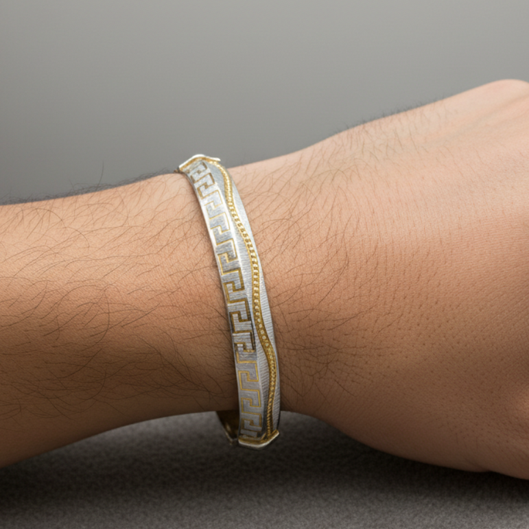 Modern Designer Greek Fret Pattern Men's Dual-Band Bracelet