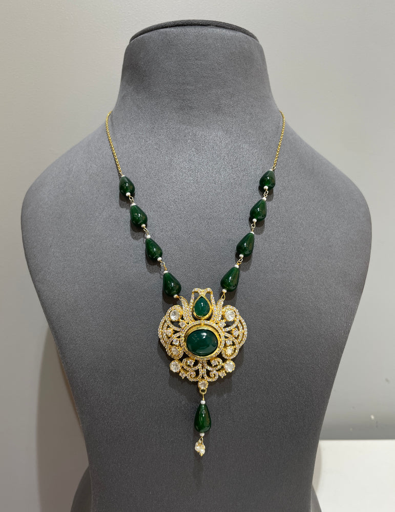 925 Silver Dark Green Stone Pendant Set