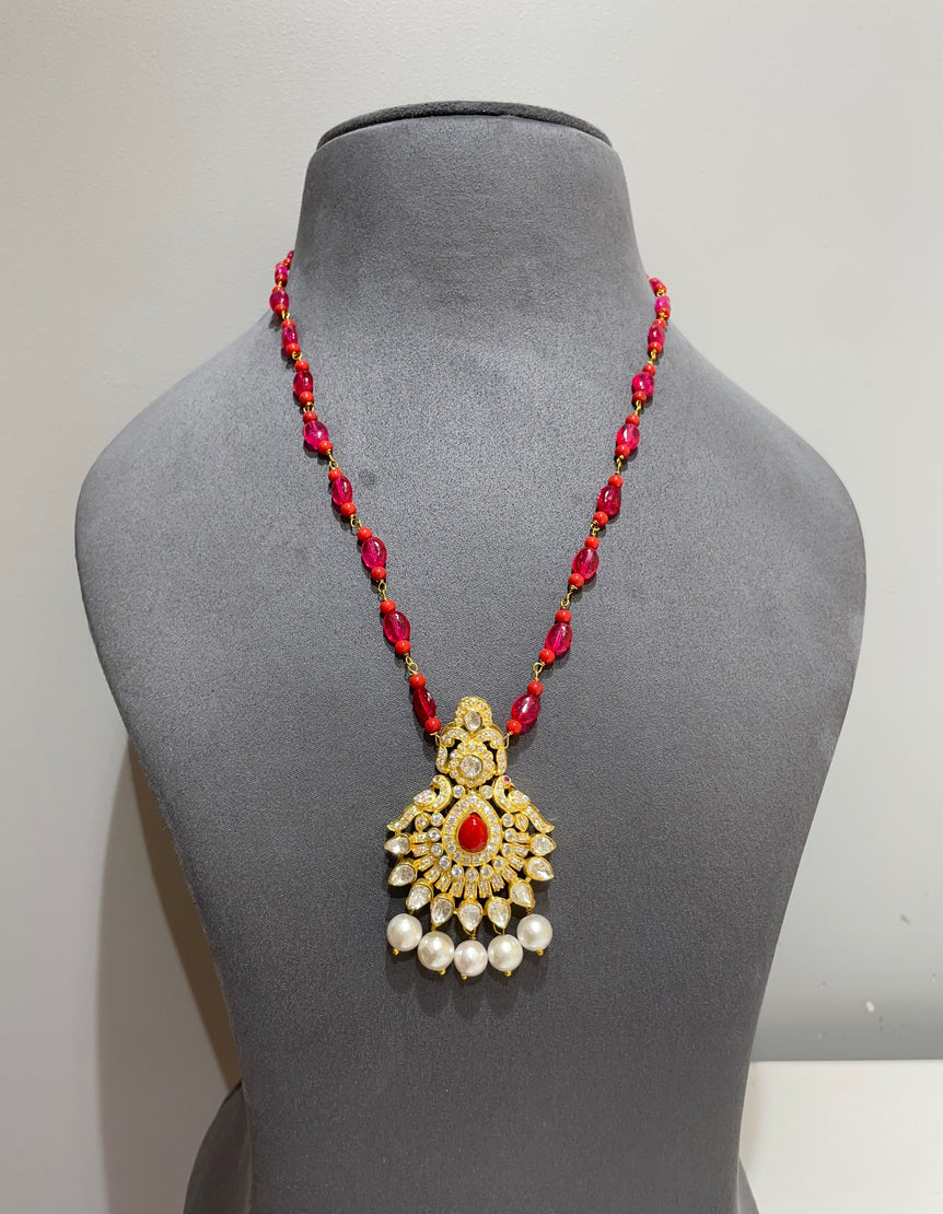 925 Silver Traditional Peacock Polki Pendant
