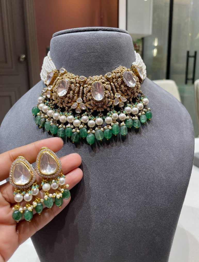 Vintage Emerald & Pearl Moissanite Polki Choker