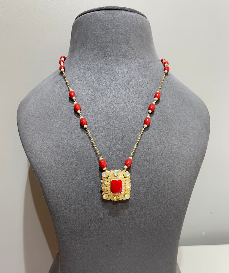 925 Silver Traditional Red Stone Polki Pendant