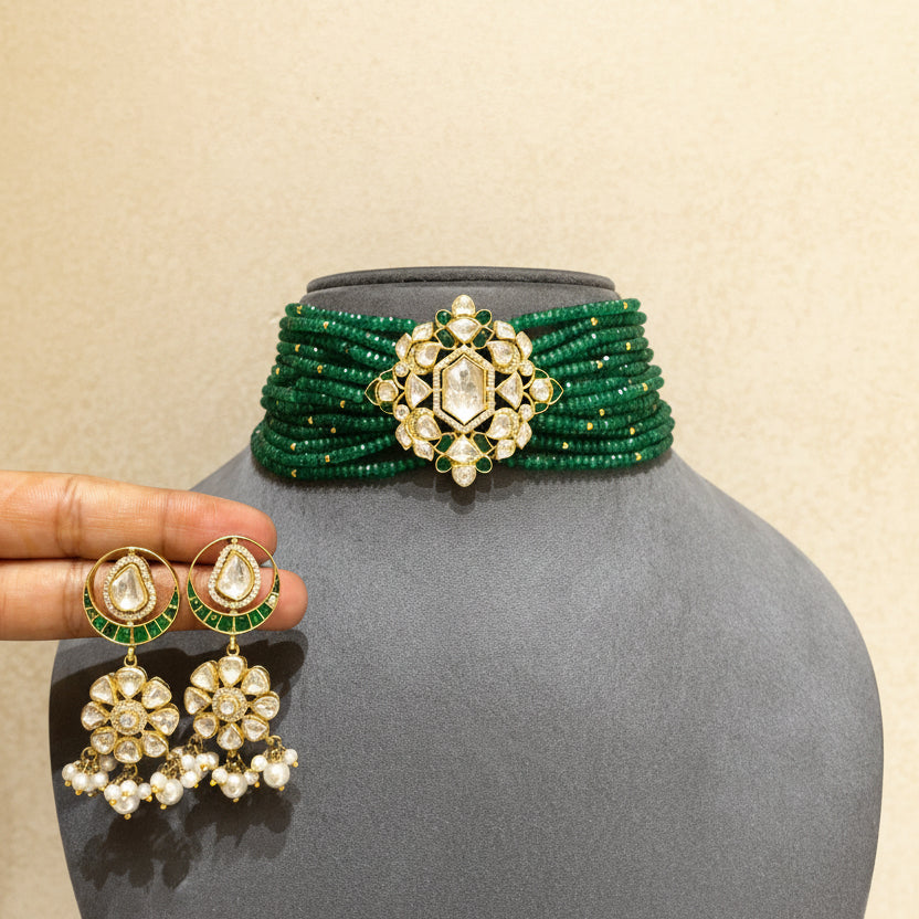 Heritage Moissanite Polki Hexagonal Brooch Emerald Bead Multi-Strand Choker