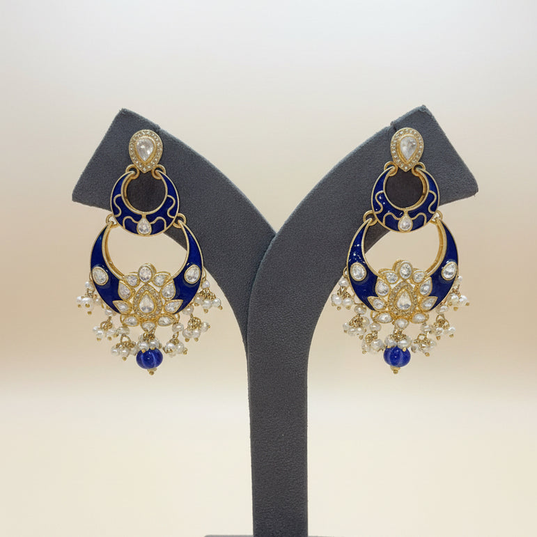 Royal Blue Enamel Double Crescent Chandbali Earrings
