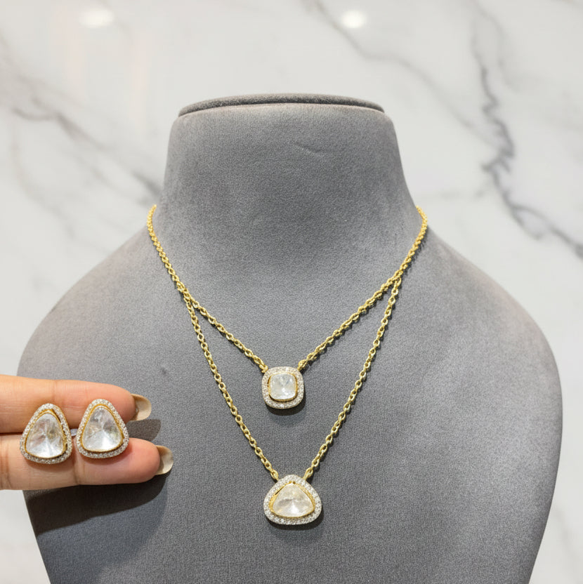 Dual-Layer Halo Geometric Moissanite Polki Pendant Set