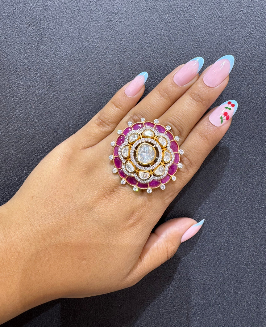 925 Silver Pink Floral Polki Ring