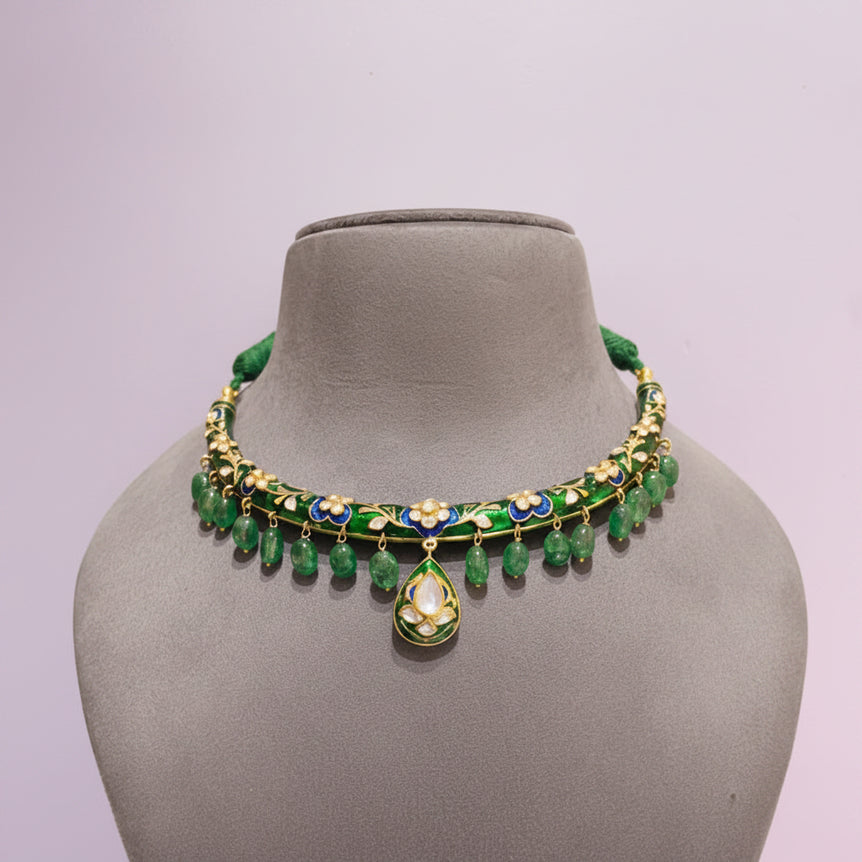 Green Meenakari Hasli Choker with Moissanite Polki Set