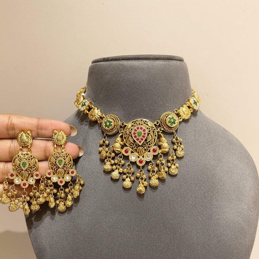 Antique Gold Nakshi Circular Medallion & Ghungroo Set