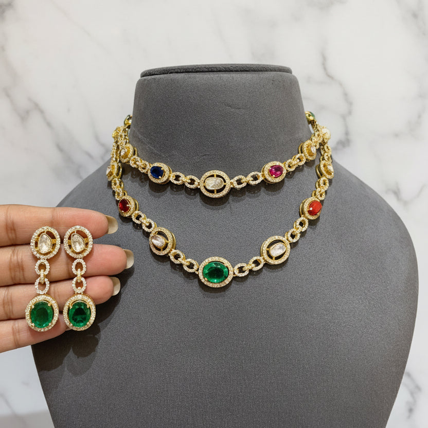Luxe Navratna-Inspired Multi-Gemstone moissanite Diamond Set