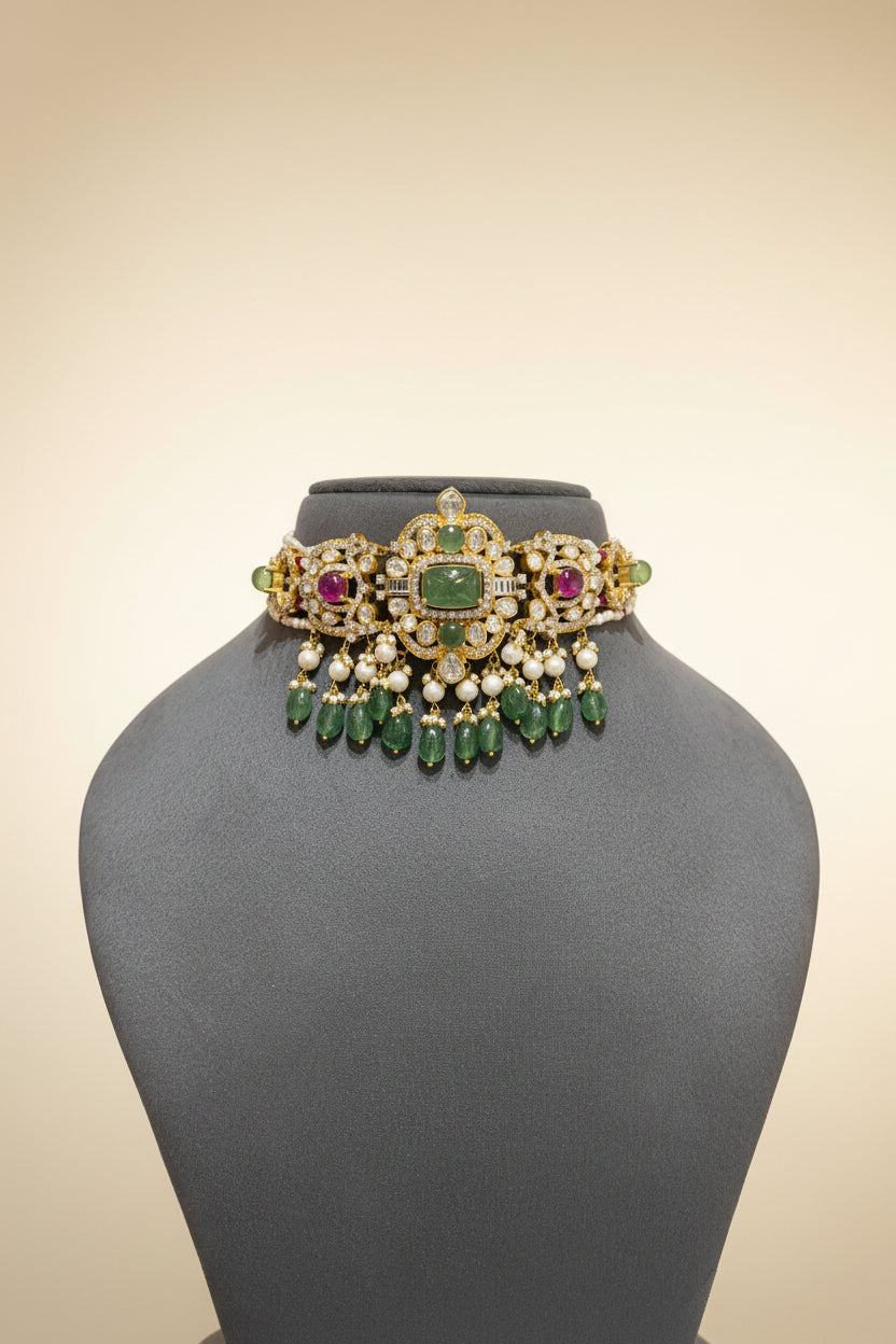 Carved Emerald Moissanite Polki Choker