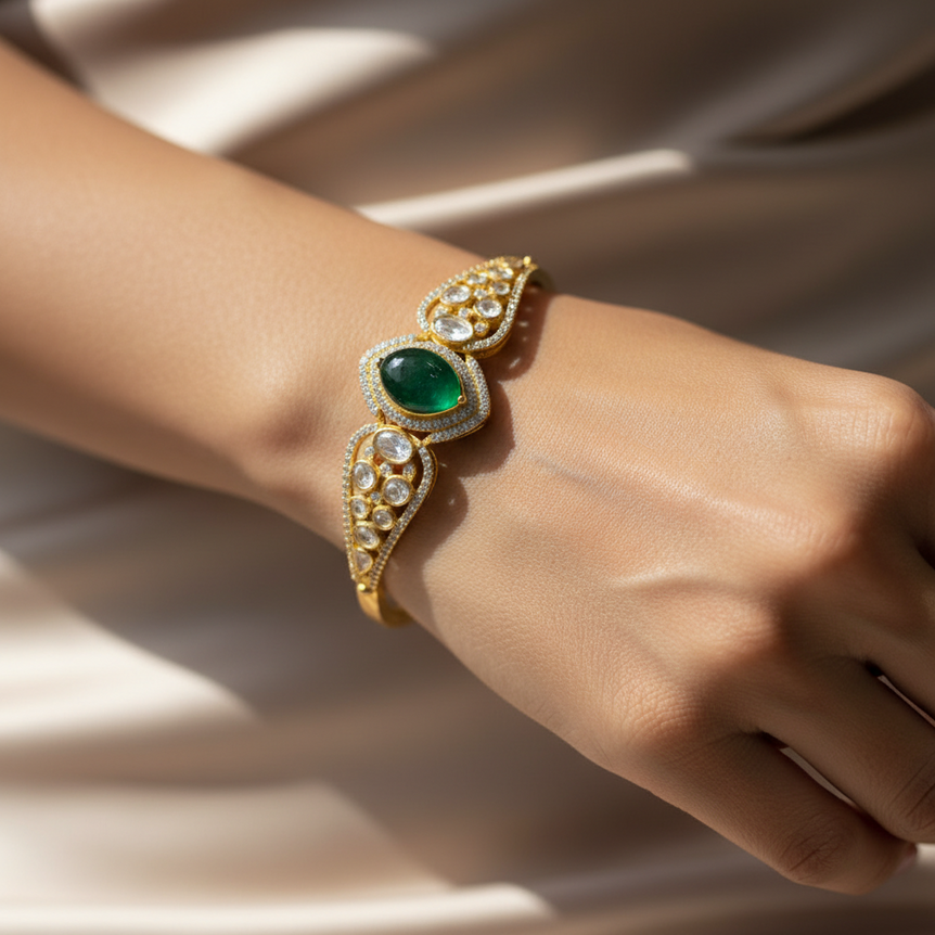 Emerald Cabochon & Moissanite Polki Statement Bracelet