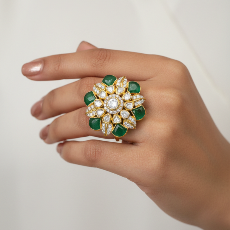Royal Emerald & Floral Polki Cocktail Ring