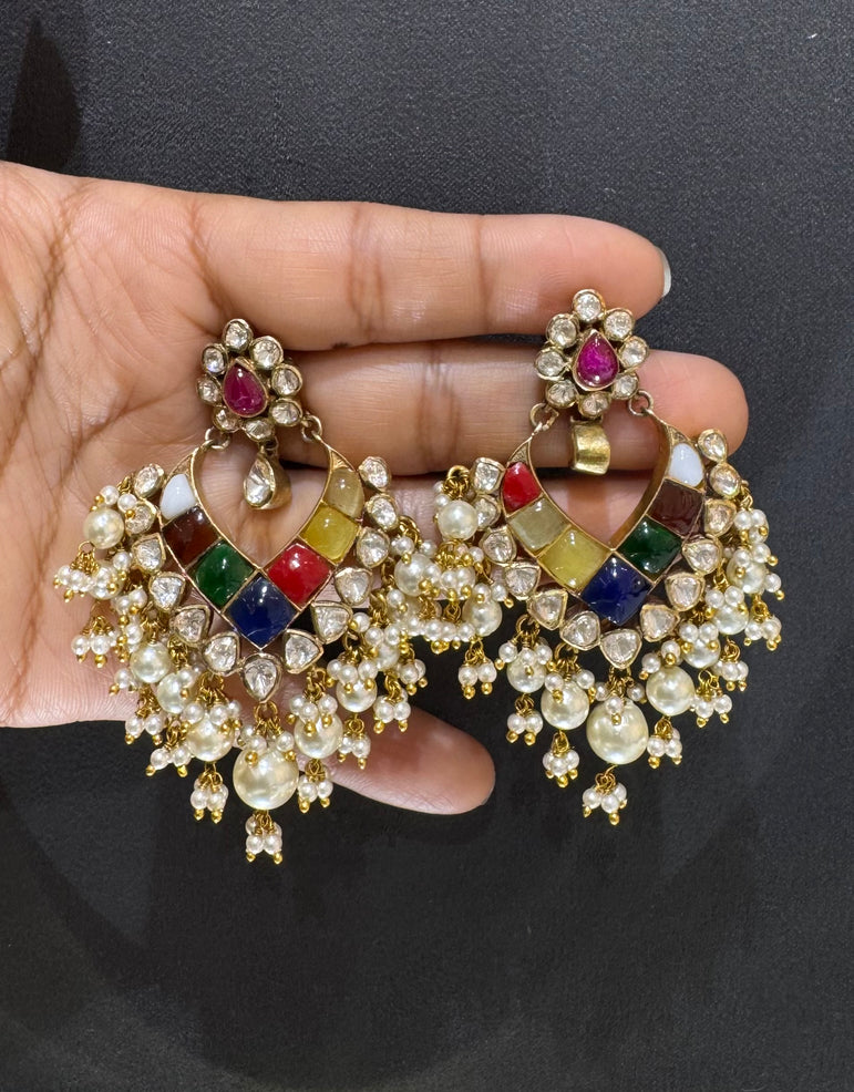 925 Silver Navrattan Chandbali Earrings