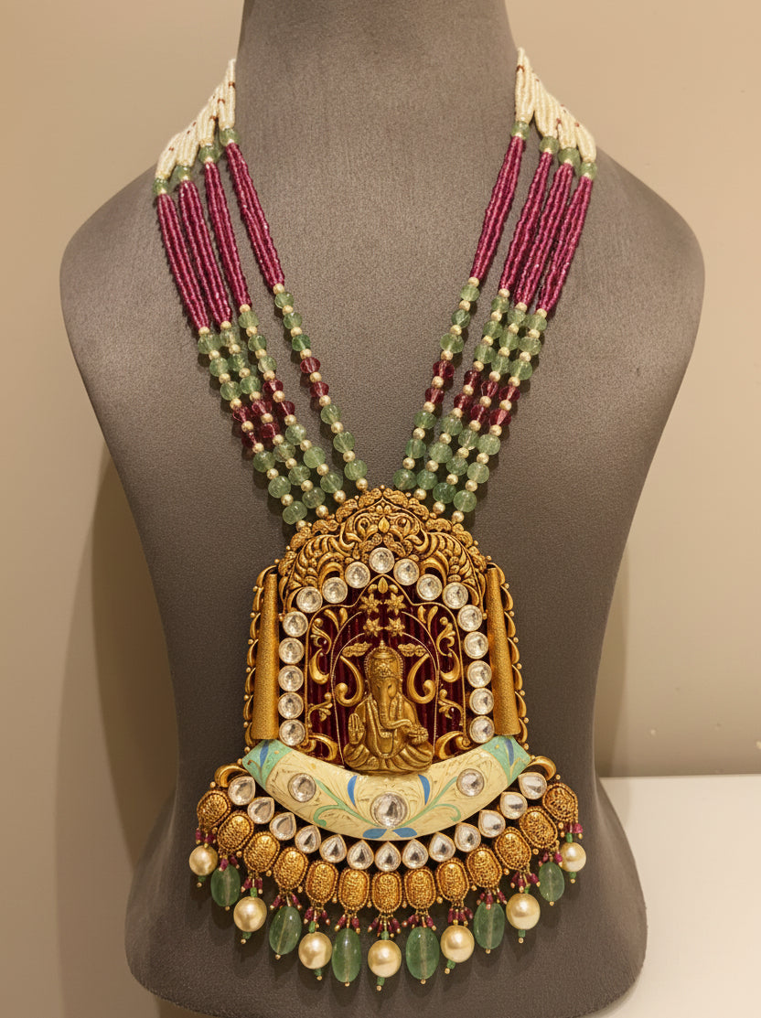 Lord Ganesha Nakshi & Enamel Moissanite Polki Long Set
