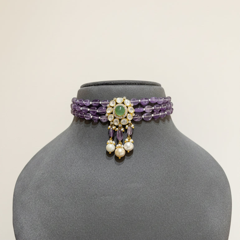 Amethyst Strand with Emerald-Core Polki Choker