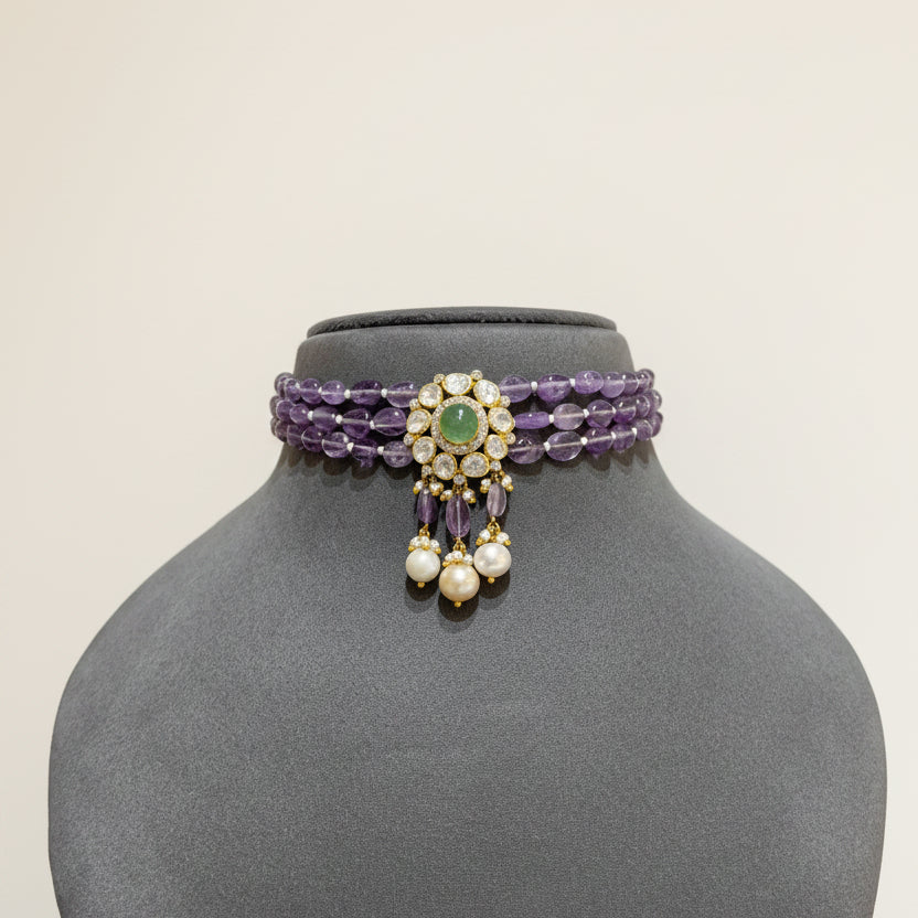 Amethyst Strand with Emerald-Core Polki Choker