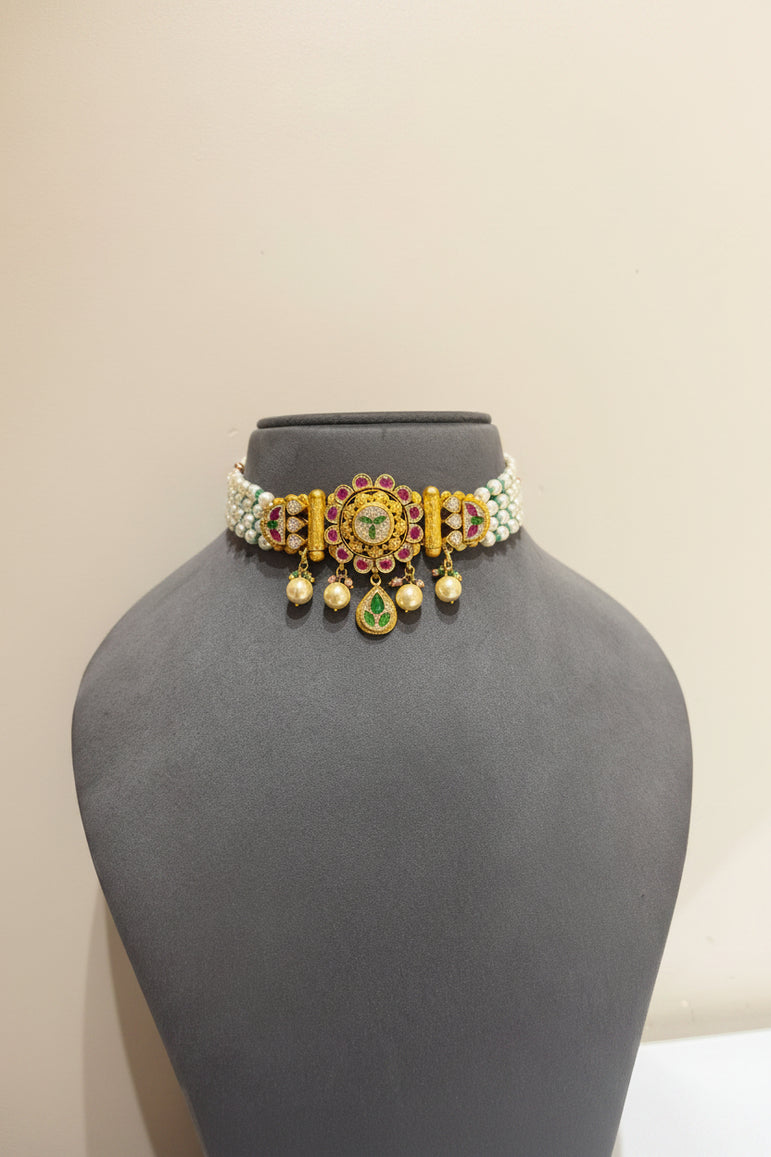 Royal Floral Nakshi Centerpiece Multi-Strand Pearl Gold Look Choker