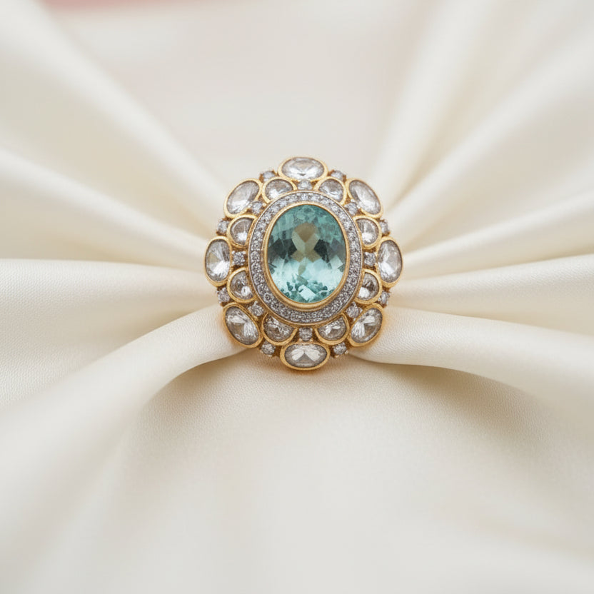 Royal Seafoam Green Gemstone & Dual-Halo Polki Solar Cocktail Ring