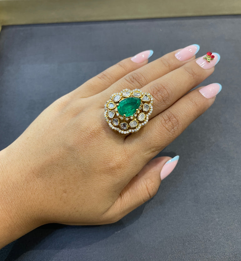925 Silver Emerald Polki Ring