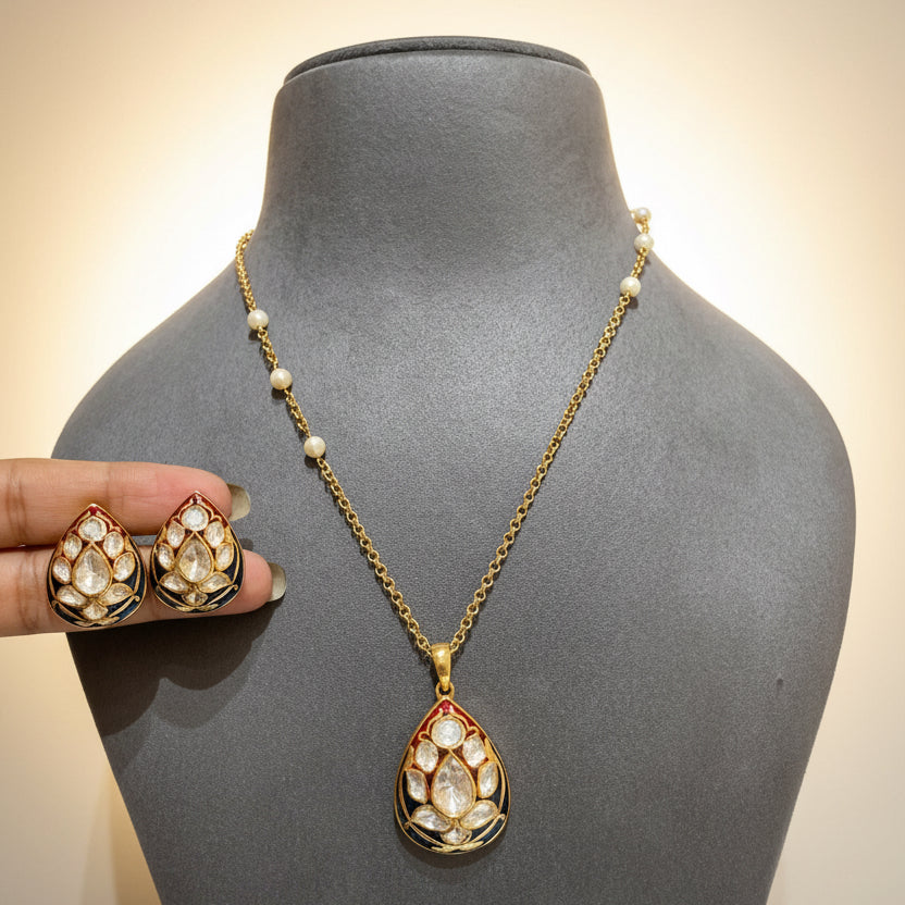 Meenakari Teardrop Lotus Moissanite Polki Pendant Set