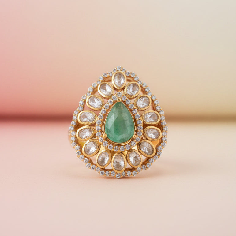 Green Aventurine Cabochon & Moissanite Polki Statement Ring