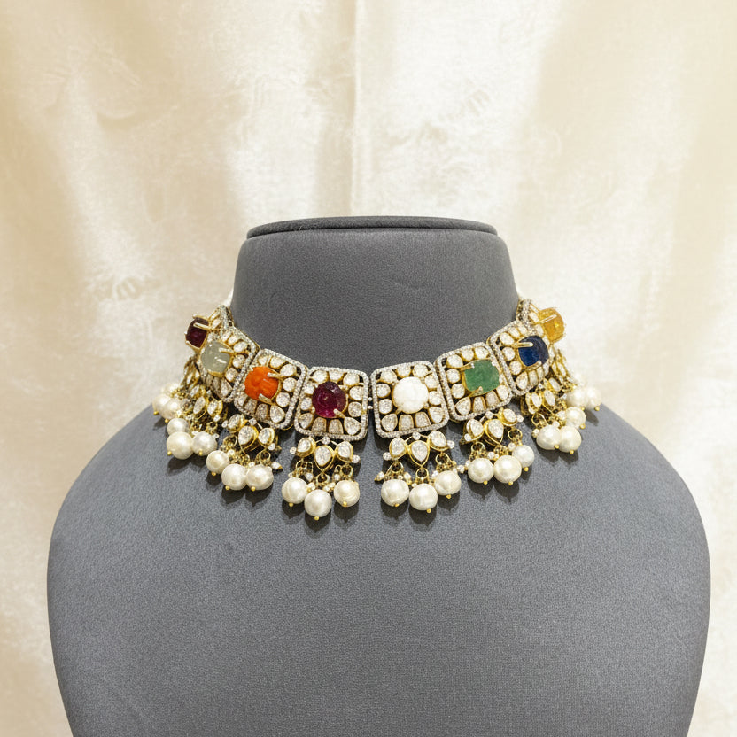 Navratna Carved Gemstone & Moissanite Polki Square Panel Choker Set