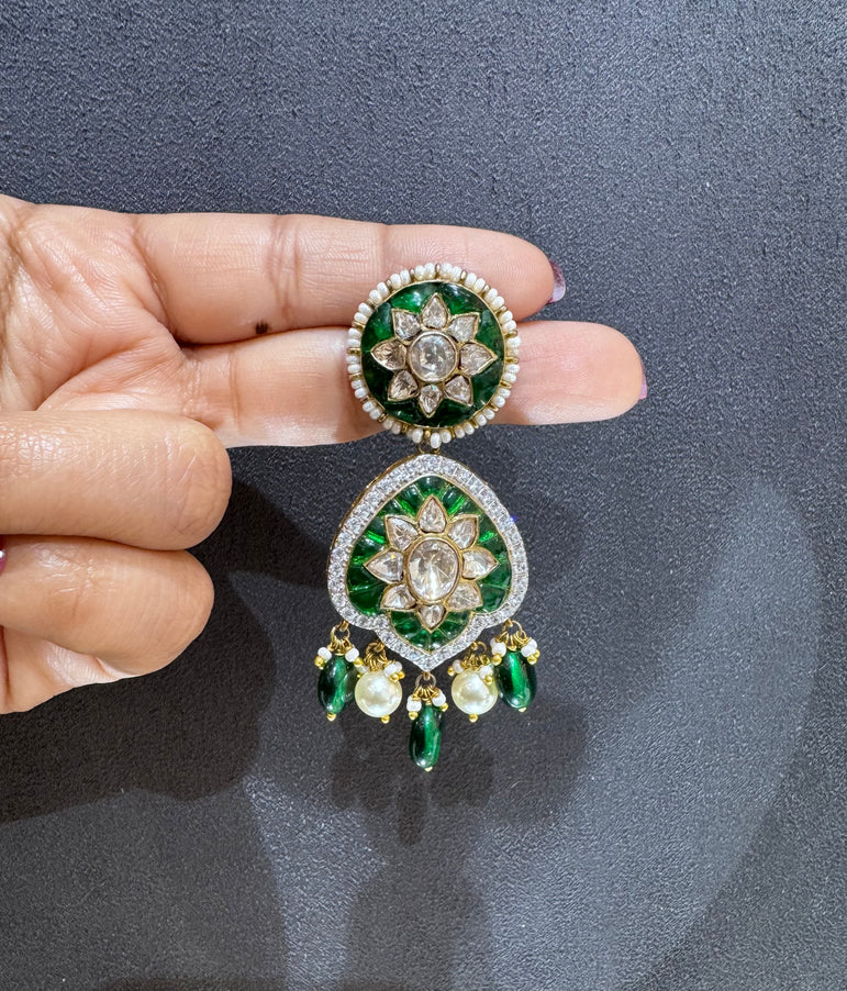 925 Silver Emerald Polki Earrings