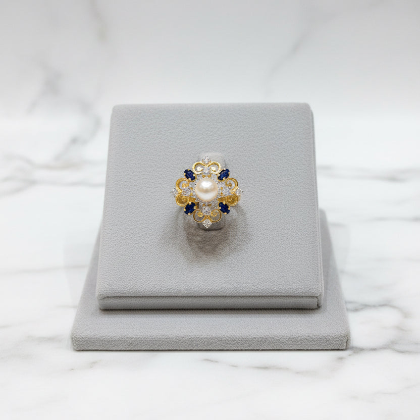 Luxe Pearl & Blue Sapphire Filigree Medallion Diamond Look Cocktail Ring