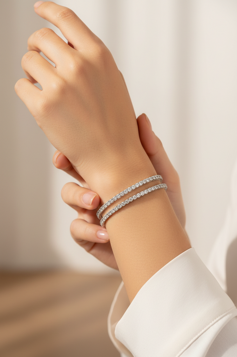 Classic Slim Halo Pair with Premium Rhodium Finish Diamond Bangle